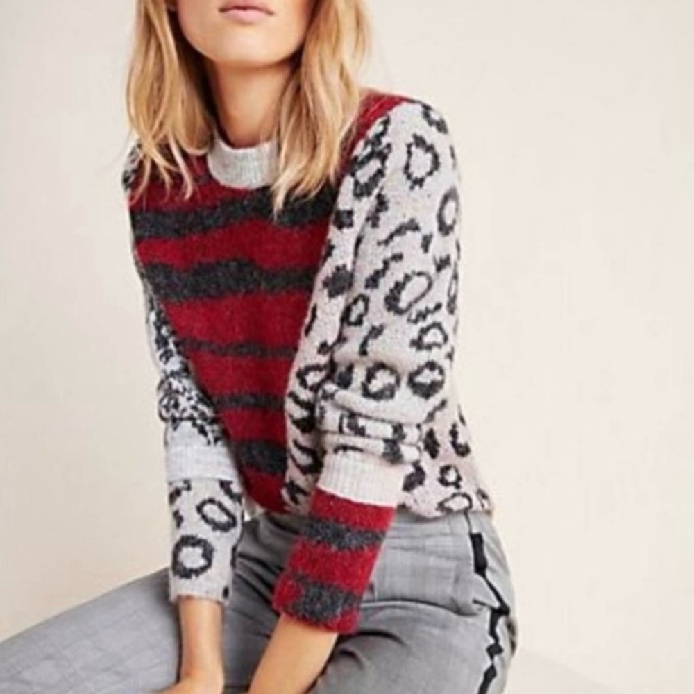 Anthropologie Moth Hadley Colorblock Leopard Print Sweater, Size S